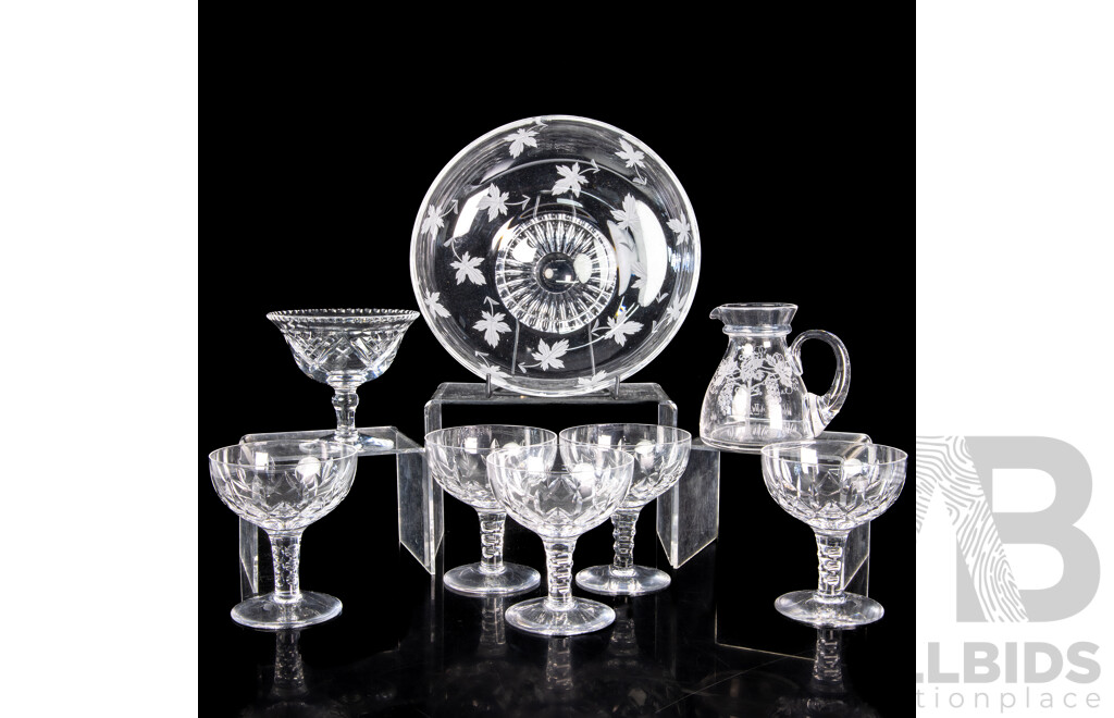 Collection Vintage Stuart Crystal Comprising Serving Bowl, Jug, Set Five Footed Coupes and One Other Coupe