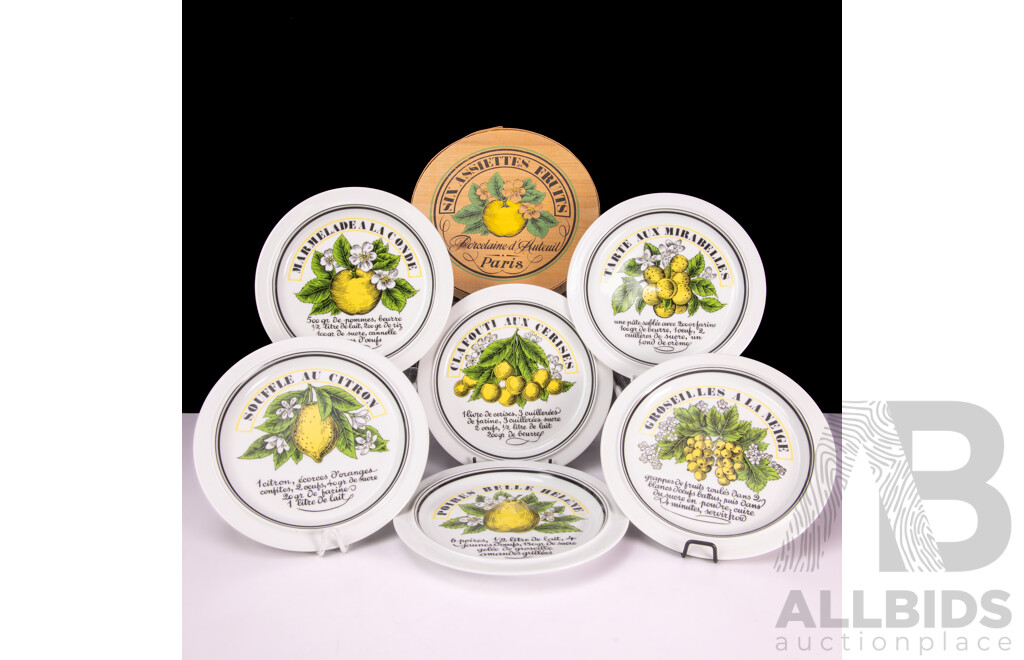 Set Six French Porcelaine D' Auteuil Side Plates in Service Fruits Pattern by Jacques Lobjoy in Original Bark Container