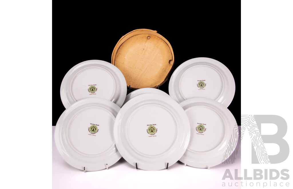 Set Six French Porcelaine D' Auteuil Side Plates in Service Fruits Pattern by Jacques Lobjoy in Original Bark Container