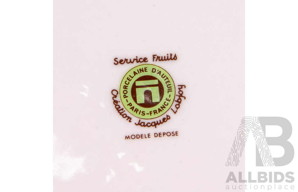 Set Six French Porcelaine D' Auteuil Side Plates in Service Fruits Pattern by Jacques Lobjoy in Original Bark Container