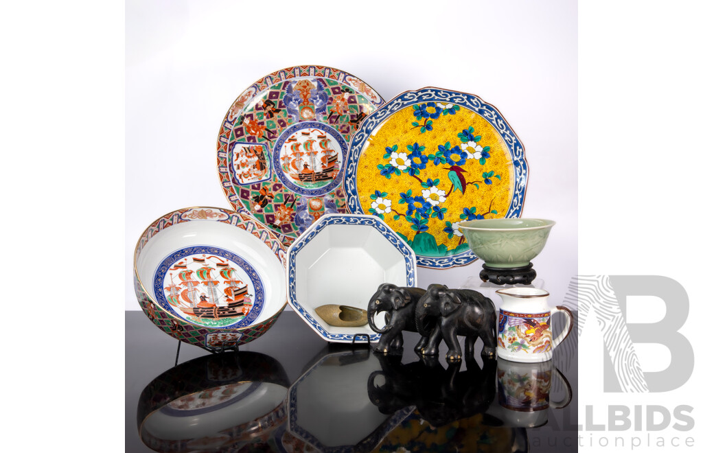 Collection Chinese & Japanese Porcelain Including Large Japanese Charger with European Theme, Pair Ebony Elephant Figures, Celadon Bowl on Carved Wooden Stand and More