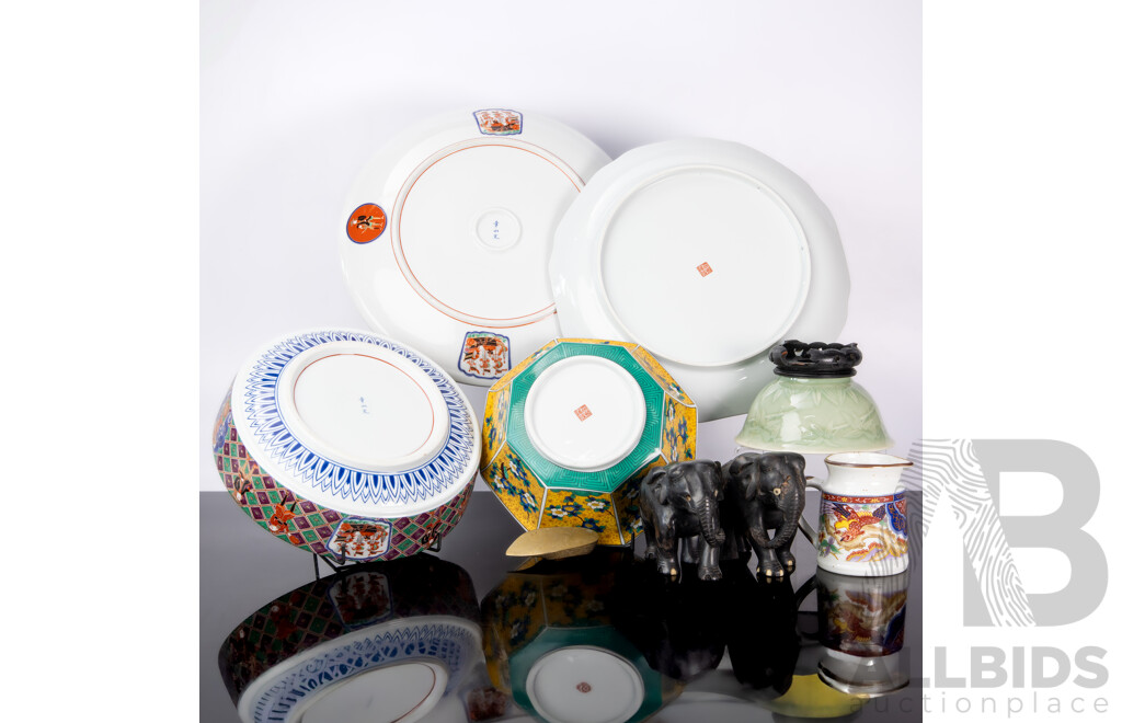 Collection Chinese & Japanese Porcelain Including Large Japanese Charger with European Theme, Pair Ebony Elephant Figures, Celadon Bowl on Carved Wooden Stand and More
