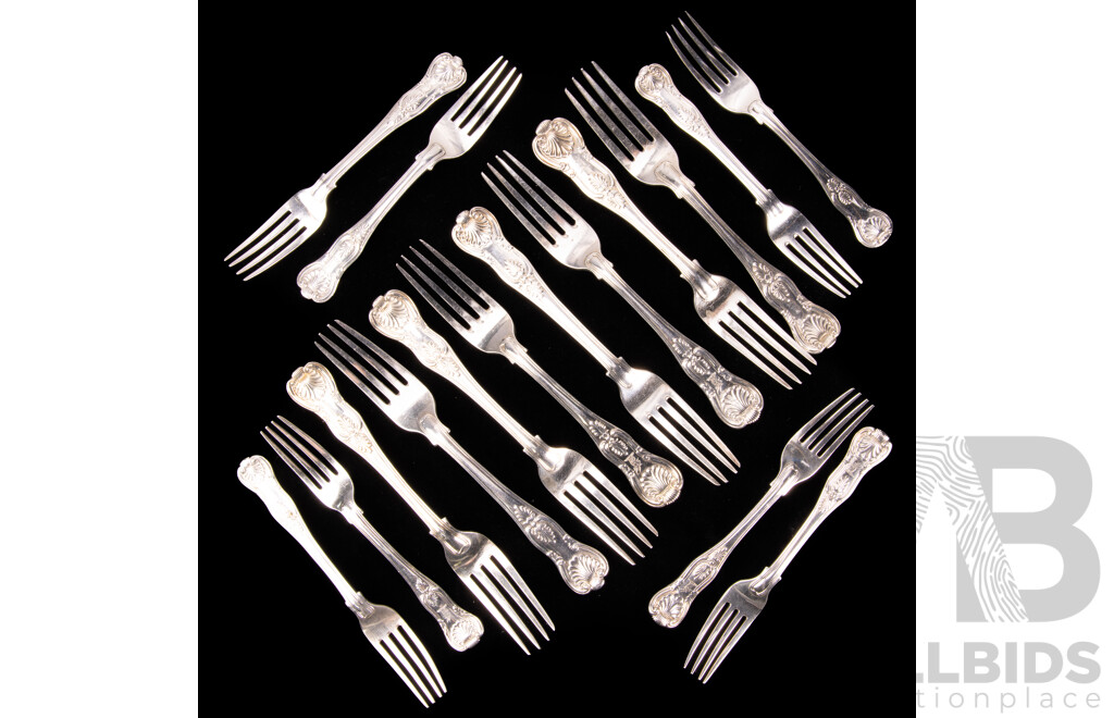 Fantastic Antique Sterling Silver 16 Piece Flatware Set in Kings Pattern Comprising Eight Large and Eight Smaller Forks, Mostly London 1827, Total Weight: 1336Gm