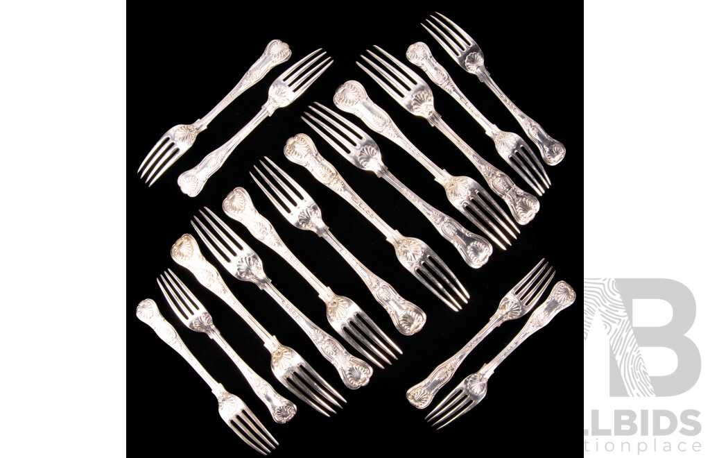 Fantastic Antique Sterling Silver 16 Piece Flatware Set in Kings Pattern Comprising Eight Large and Eight Smaller Forks, Mostly London 1827, Total Weight: 1336Gm