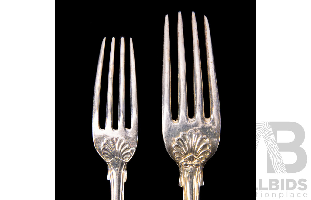 Fantastic Antique Sterling Silver 16 Piece Flatware Set in Kings Pattern Comprising Eight Large and Eight Smaller Forks, Mostly London 1827, Total Weight: 1336Gm