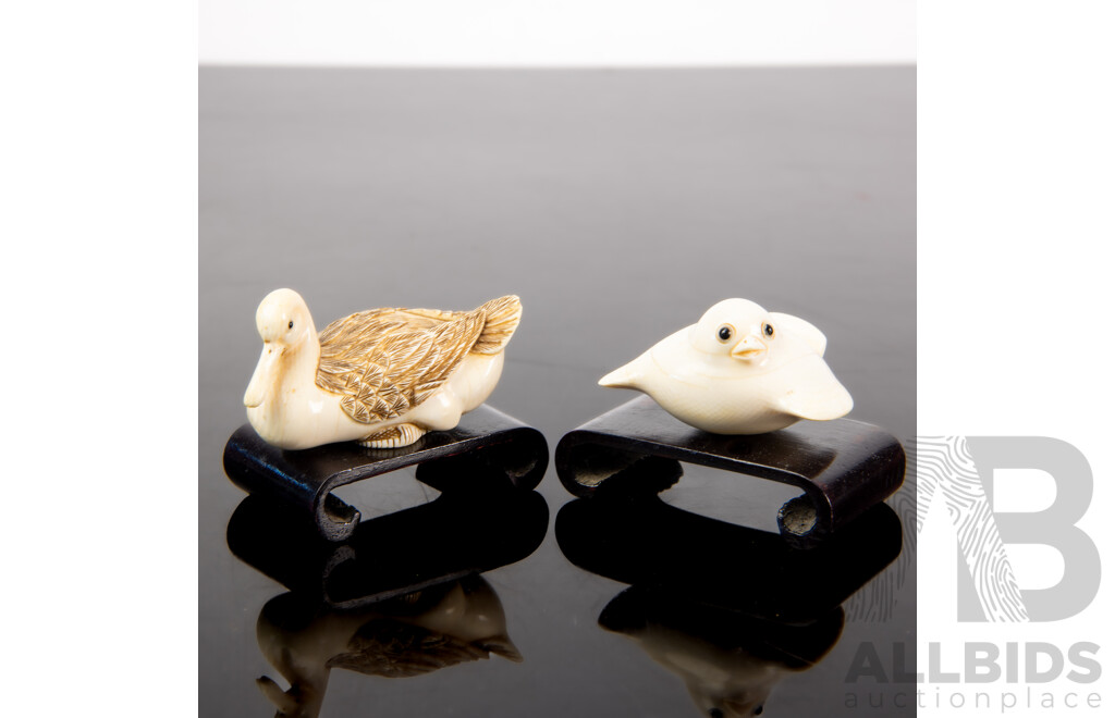 Two Vintage Japanese Ivory Netsukes Comprisisng Bird and Duck, Both Signed & on Wooden Stands