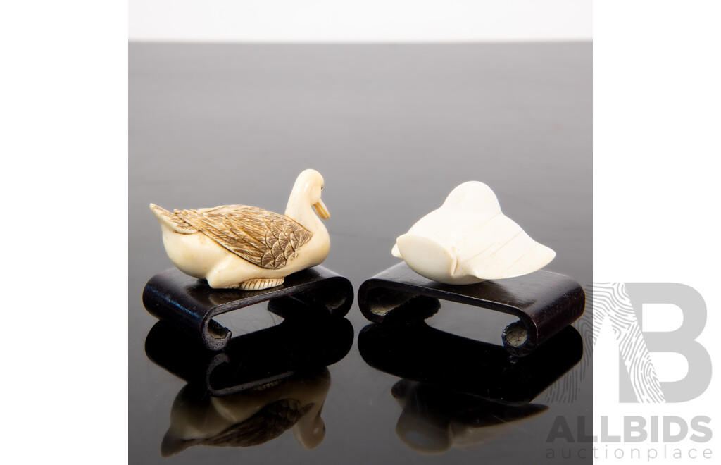 Two Vintage Japanese Ivory Netsukes Comprisisng Bird and Duck, Both Signed & on Wooden Stands