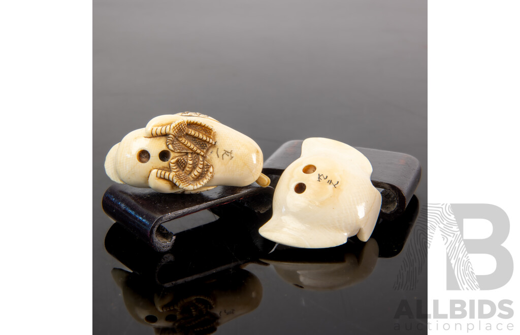 Two Vintage Japanese Ivory Netsukes Comprisisng Bird and Duck, Both Signed & on Wooden Stands