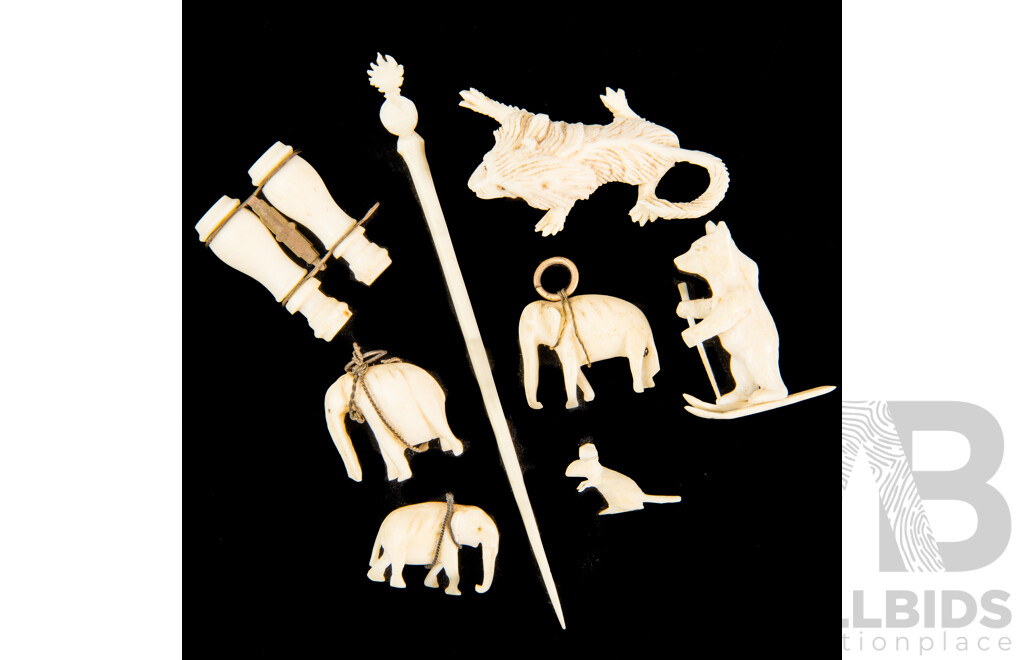 Collection Vintage Miniature Carved Ivory Figures Comprising Three Elephants, Toothpick and Stanhope Binoculars Along with Three Bone Carvings