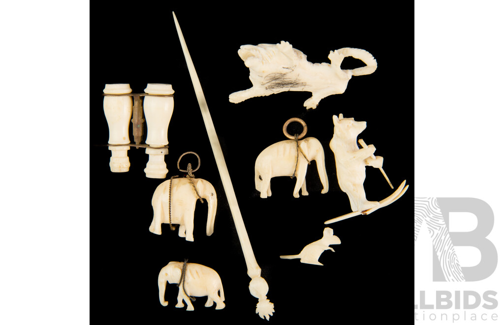 Collection Vintage Miniature Carved Ivory Figures Comprising Three Elephants, Toothpick and Stanhope Binoculars Along with Three Bone Carvings