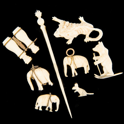 Collection Vintage Miniature Carved Ivory Figures Comprising Three Elephants, Toothpick and Stanhope Binoculars Along with Three Bone Carvings