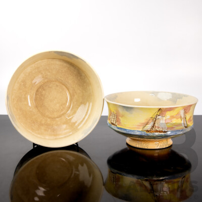 Pair Antique Royal Doulton Porcelain Large Footed Bowls in the Famous Ships Series, the Active
