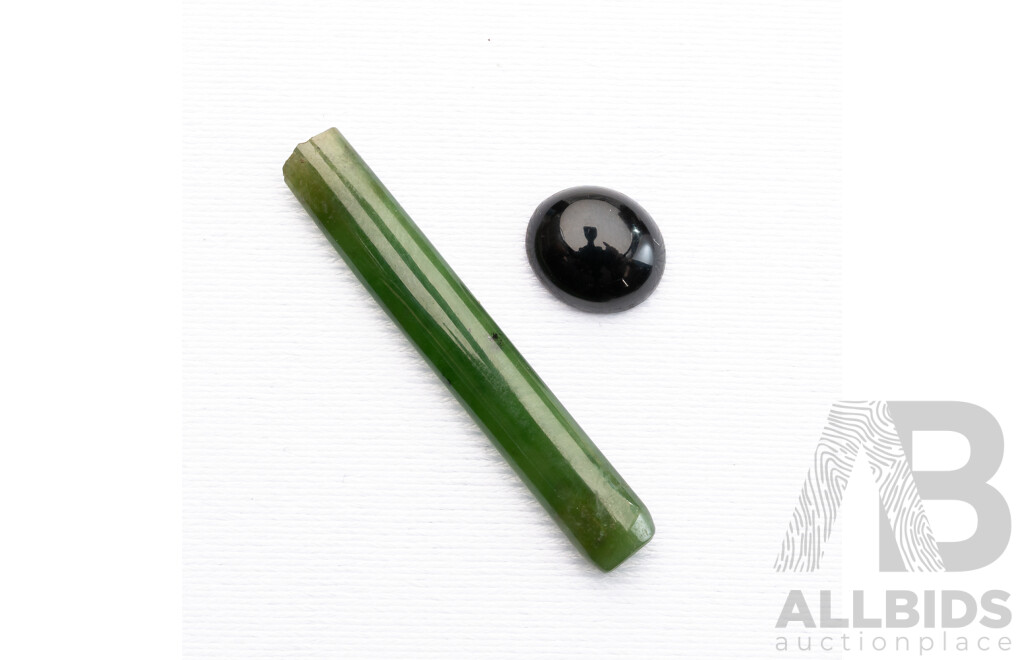 Jade Carved Long Rectangular Cabochon, 7.60ct & Onyx Oval Cabochon 2.50ct