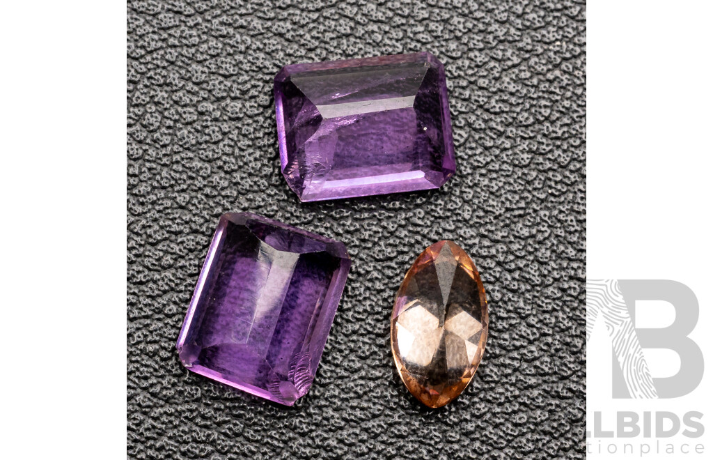Australian Zircon, Champagne Coloured Marquise Cut Gem 2.10ct & (2) Amethyst Emerald Cut 5.60ct
