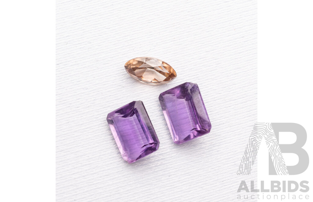 Australian Zircon, Champagne Coloured Marquise Cut Gem 2.10ct & (2) Amethyst Emerald Cut 5.60ct