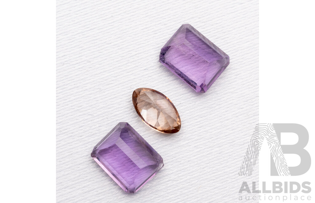 Australian Zircon, Champagne Coloured Marquise Cut Gem 2.10ct & (2) Amethyst Emerald Cut 5.60ct
