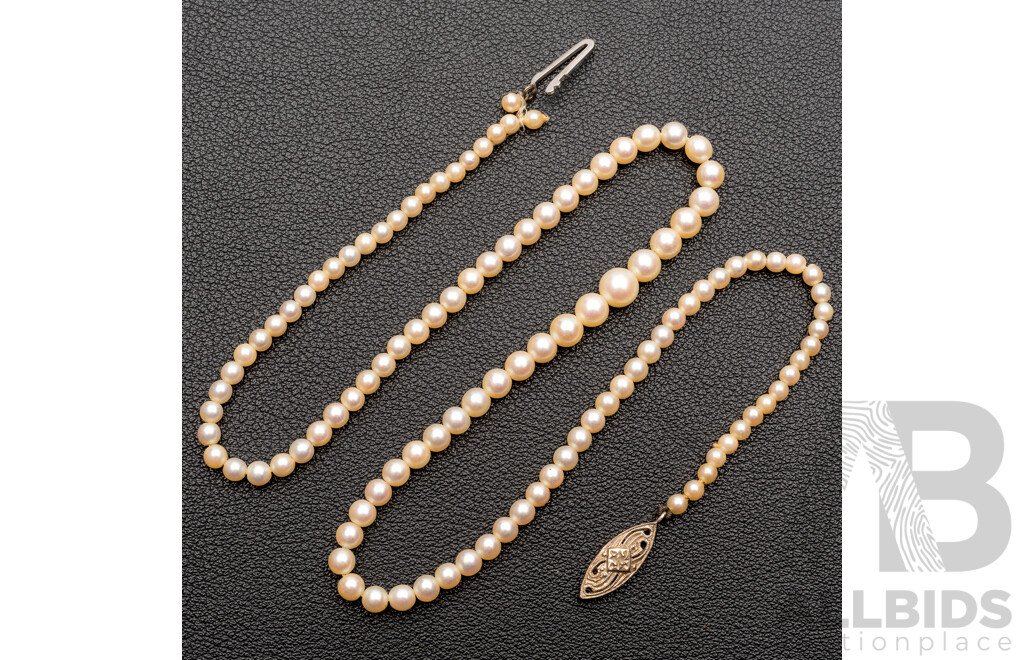 9ct Vintage Graduating Pearl Necklace with White Gold Diamond Set Clasp, 42cm, Birmingham