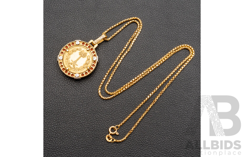 Saudi Arabia King Faisal Gold Coin Pendant with Diamonds & Coral Frame on 22ct Box Link Chain, 18.30 Grams