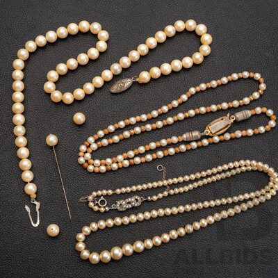 Vintage Glass Pearls with 835 Clasp, Circa 1940's Mid Century European, 42cm with (2) Other Vintage Faux Pearl Strands