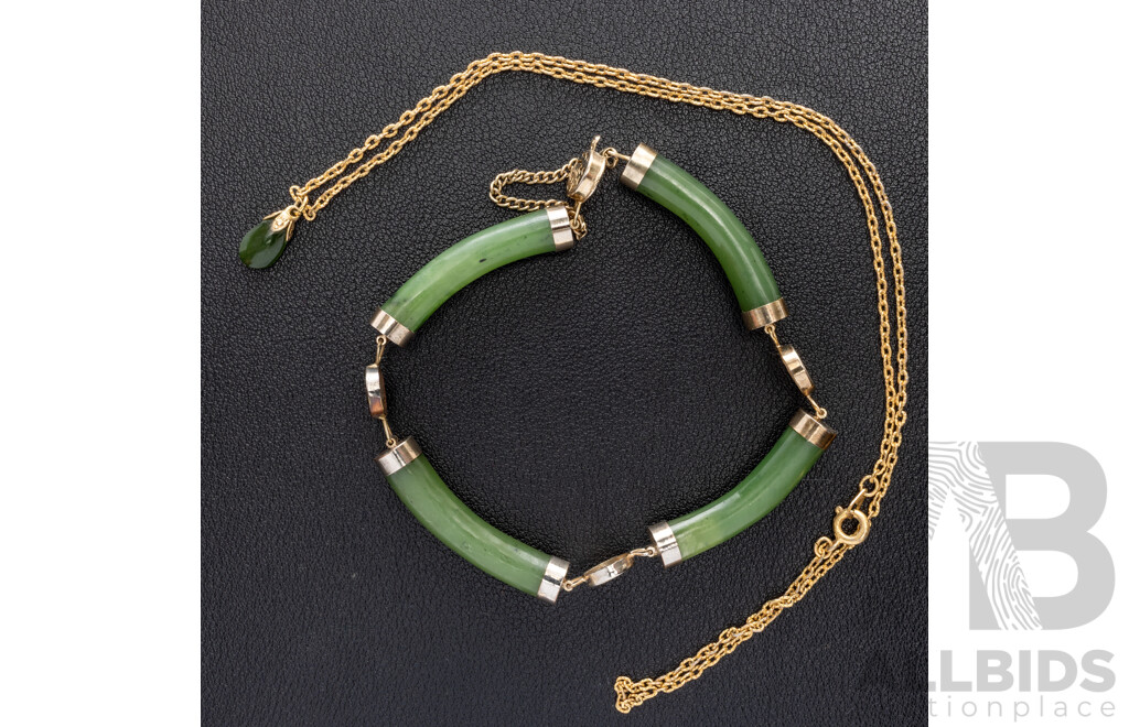 Vintage Jade Gold Plated Bracelet & Gold Tone Jade Pendant with Chain