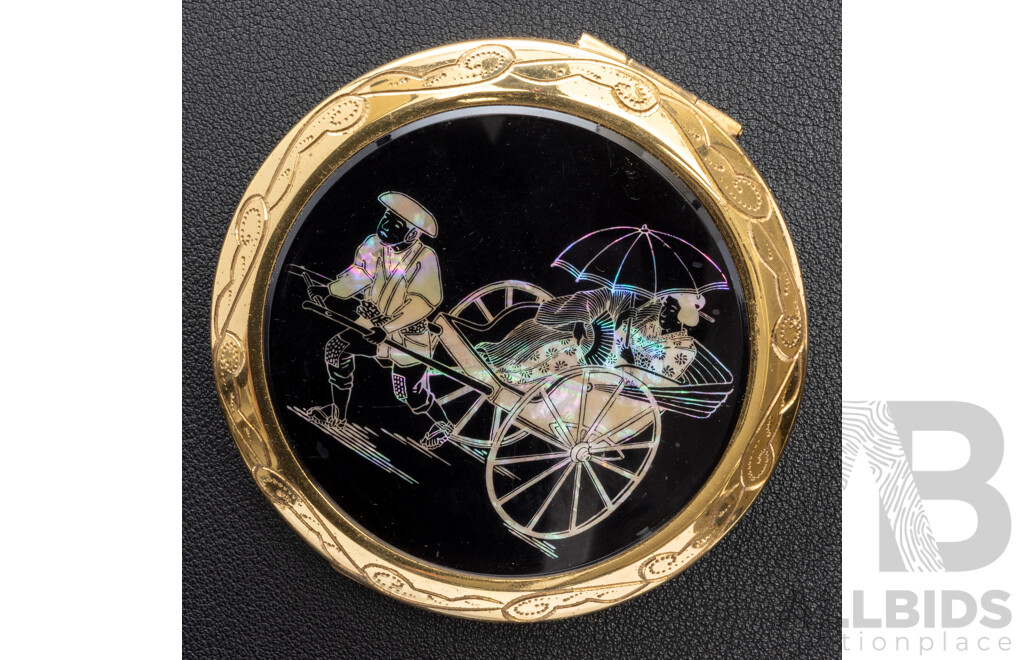 Vintage Gold Tone Makeup Compact with Inlaid Mother of Pearl Rickshaw Motif, 74mm