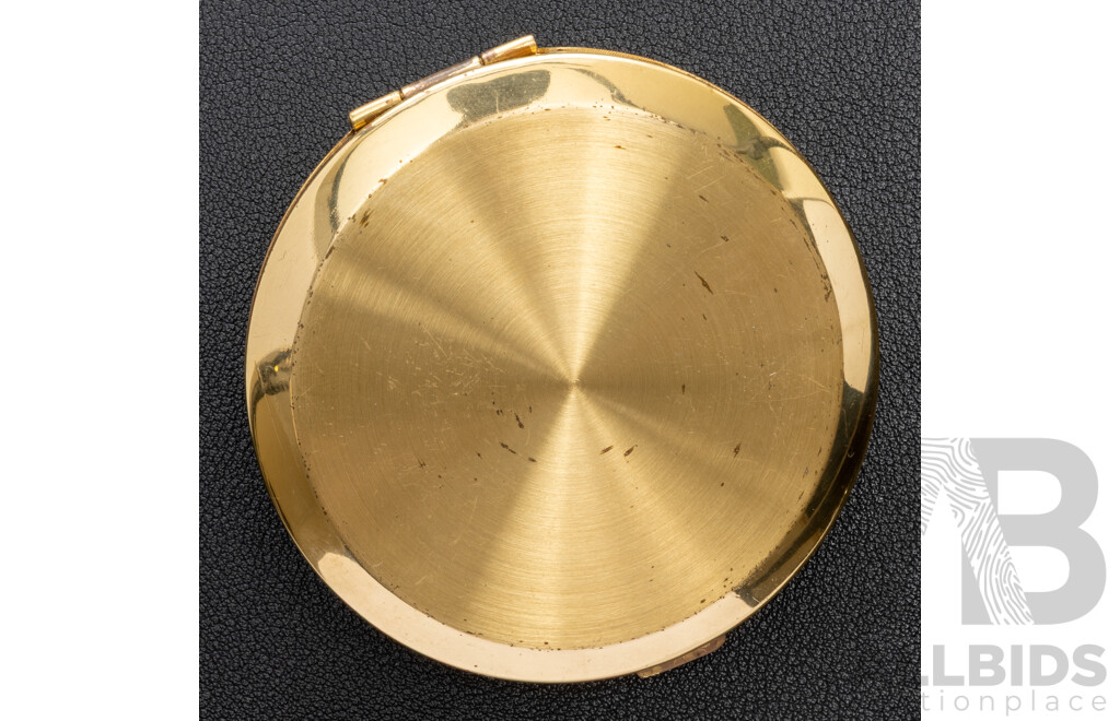 Vintage Gold Tone Makeup Compact with Inlaid Mother of Pearl Rickshaw Motif, 74mm