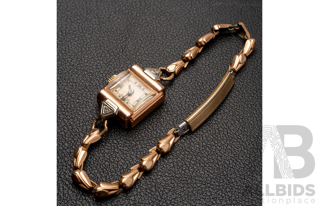 14ct Antique Arctic Diamond Set Art Deco Watch, with Rolled Gold Band, Working