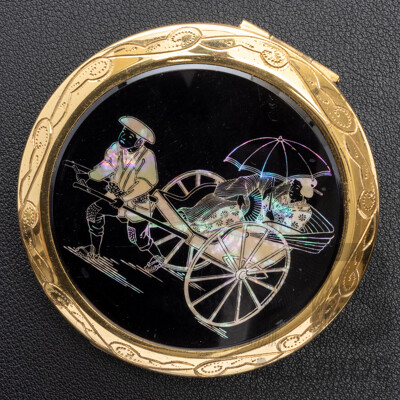 Vintage Gold Tone Makeup Compact with Inlaid Mother of Pearl Rickshaw Motif, 74mm