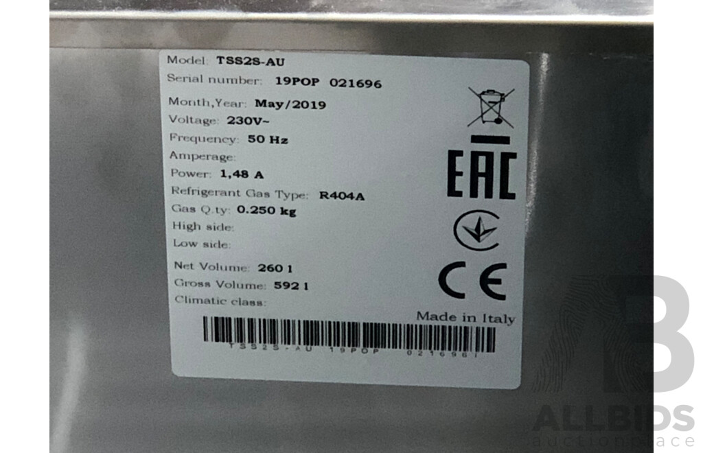 Desmon 260 Litre Two Door Stainless Steel Refrigerated Food Preparation Unit - Brand New - ORP $4400.00