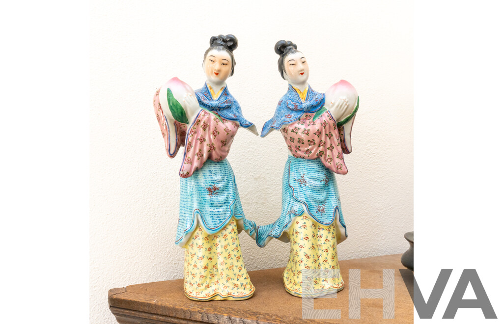 Pair Vintage Chinese Porcelain Famille Rose Hand Painted He Xiangu with Peach of Immortality Figures