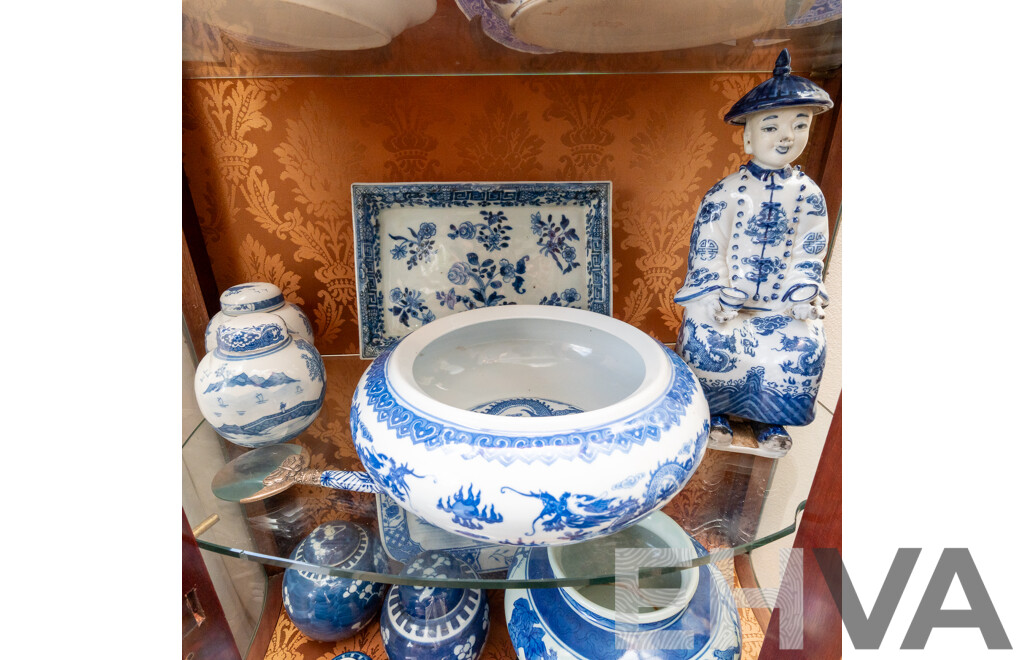 Collection Antique & Vintage Chinese Blue and White Porcelain Including Figure with Dragon Motif Robe, Dragon Motif Bowl, Pair Small Lidded Ginger Jars and More