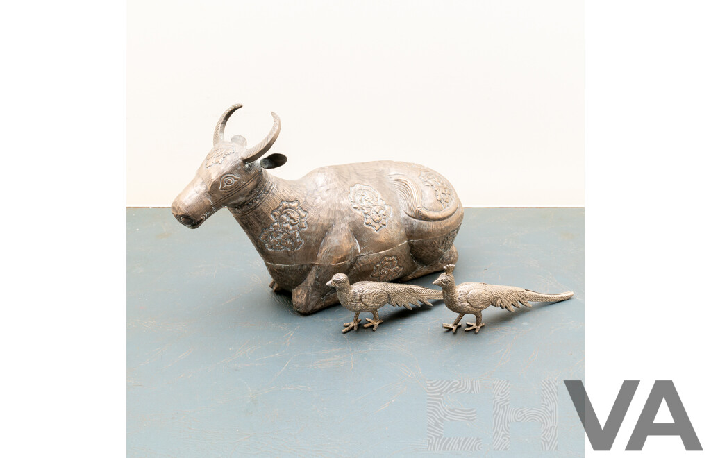 Vintage White Metal Lidded Water Buffalo Container Along with Pair White Metal Pheasant Figure