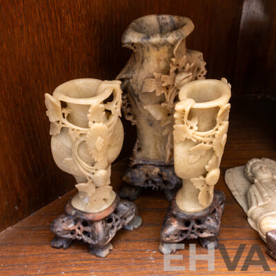Collection Chinese Soft Stone Carving Including Tripod Footed Lidded Censer on Wooden Stand, Trio Vases with Carved Stone Stands, Five Seals and More