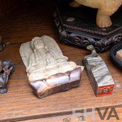 Collection Chinese Soft Stone Carving Including Tripod Footed Lidded Censer on Wooden Stand, Trio Vases with Carved Stone Stands, Five Seals and More