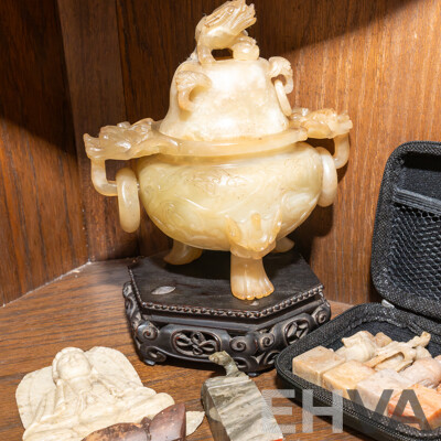 Collection Chinese Soft Stone Carving Including Tripod Footed Lidded Censer on Wooden Stand, Trio Vases with Carved Stone Stands, Five Seals and More