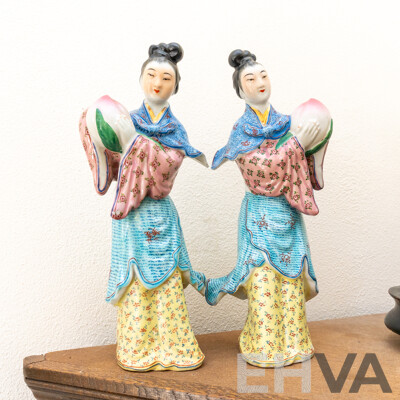 Pair Vintage Chinese Porcelain Famille Rose Hand Painted He Xiangu with Peach of Immortality Figures