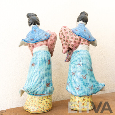 Pair Vintage Chinese Porcelain Famille Rose Hand Painted He Xiangu with Peach of Immortality Figures
