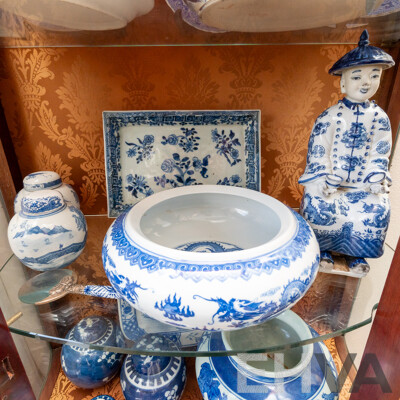 Collection Antique & Vintage Chinese Blue and White Porcelain Including Figure with Dragon Motif Robe, Dragon Motif Bowl, Pair Small Lidded Ginger Jars and More