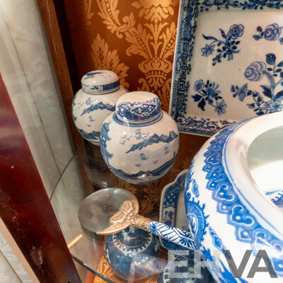 Collection Antique & Vintage Chinese Blue and White Porcelain Including Figure with Dragon Motif Robe, Dragon Motif Bowl, Pair Small Lidded Ginger Jars and More