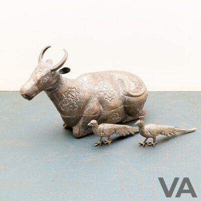 Vintage White Metal Lidded Water Buffalo Container Along with Pair White Metal Pheasant Figure