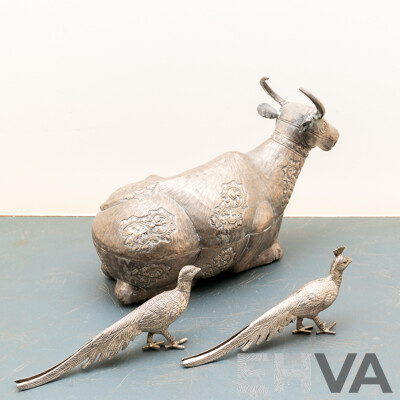 Vintage White Metal Lidded Water Buffalo Container Along with Pair White Metal Pheasant Figure