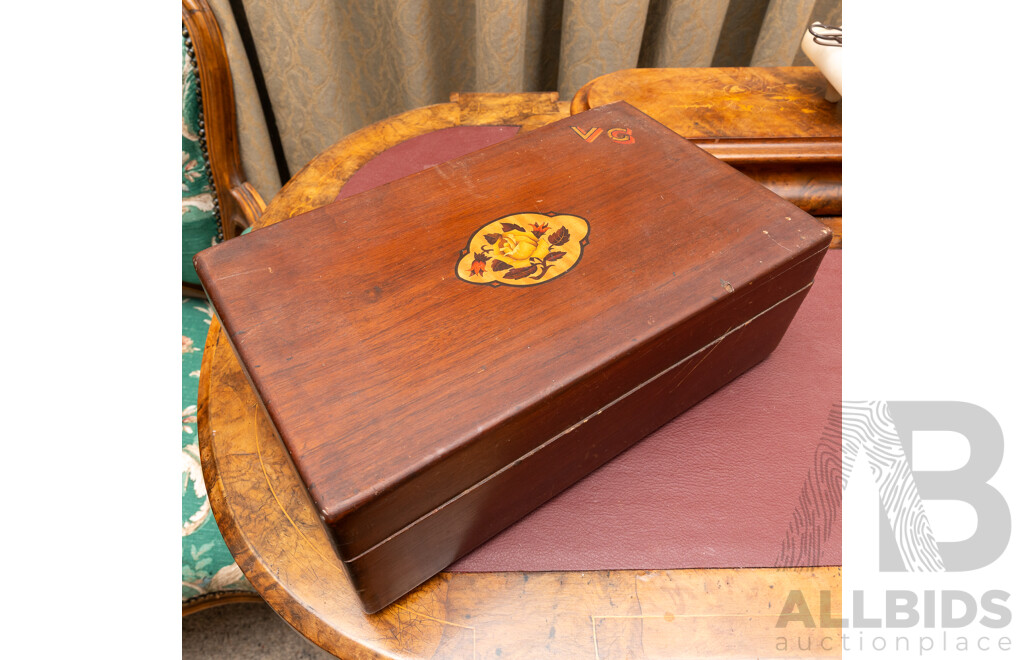 Antique Lidded Wooden Box with Lift Out Tray and Rose Motif to Lid