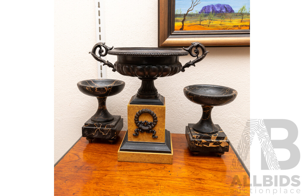 Antique Style Twin Handled Classical Bronze Urn with Pair Polished Stone Urns