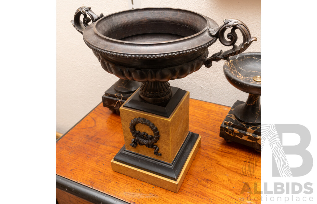 Antique Style Twin Handled Classical Bronze Urn with Pair Polished Stone Urns