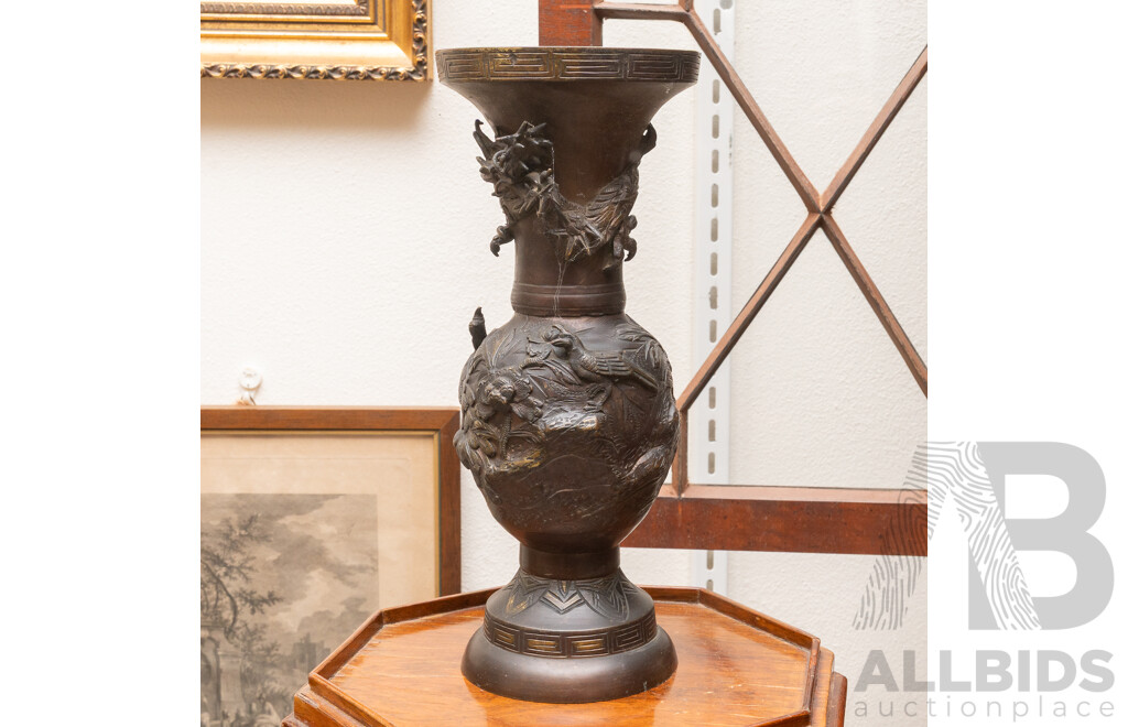 Antique Japanese Bronze Vase with Intricate Bird and Dragon Detail, Meiji Era