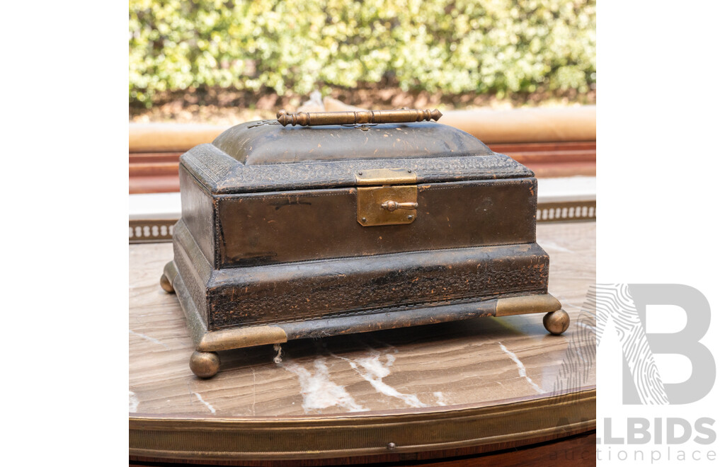 Antique Papier Mache Victorian Lidded Box with Brass Handle, Clasp and Four Feet, with Bone Handled Vanity Items Inside
