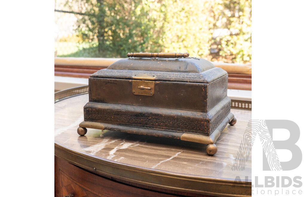 Antique Papier Mache Victorian Lidded Box with Brass Handle, Clasp and Four Feet, with Bone Handled Vanity Items Inside