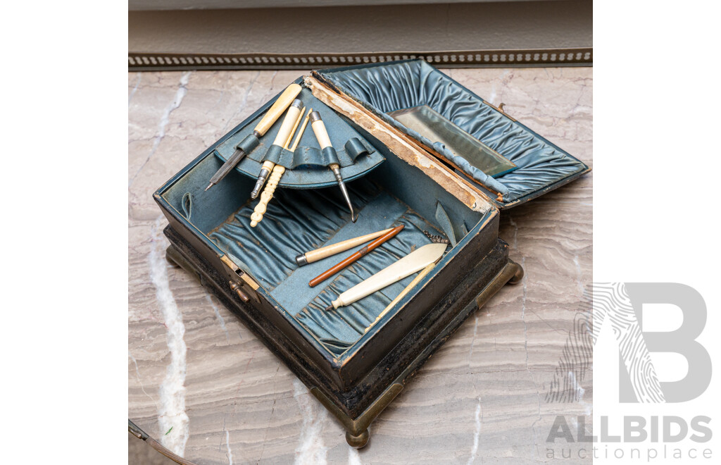 Antique Papier Mache Victorian Lidded Box with Brass Handle, Clasp and Four Feet, with Bone Handled Vanity Items Inside