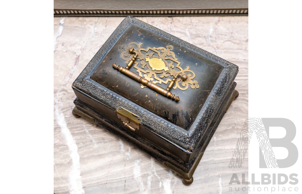 Antique Papier Mache Victorian Lidded Box with Brass Handle, Clasp and Four Feet, with Bone Handled Vanity Items Inside