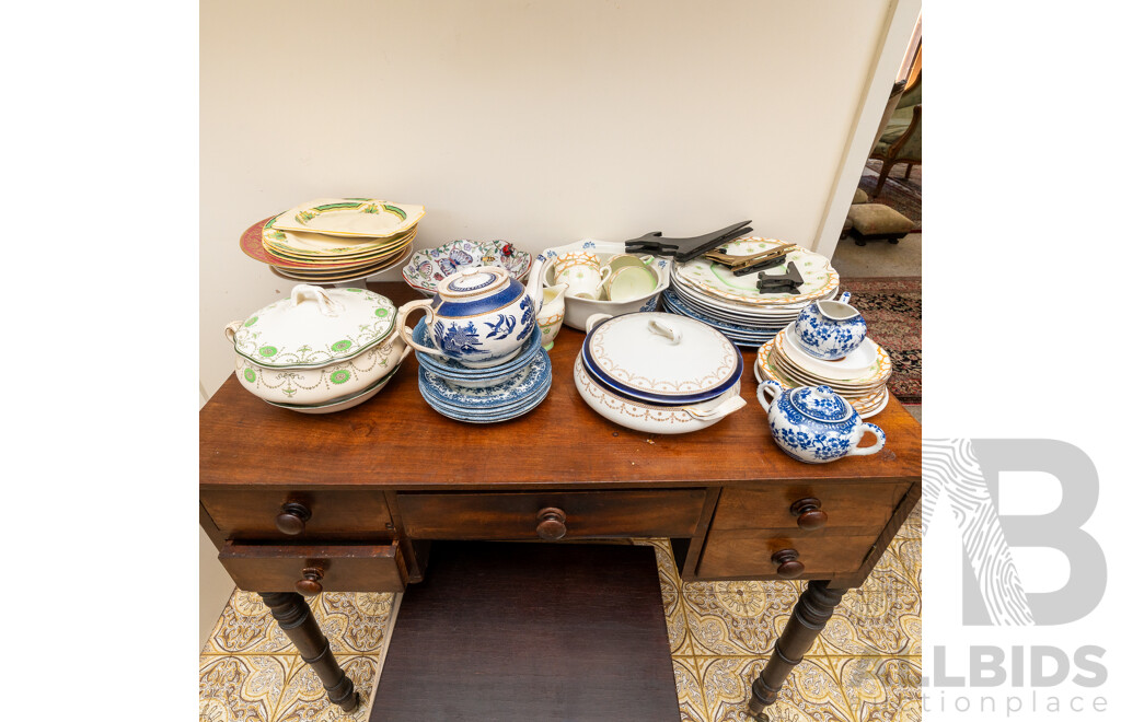 Collection Vintage and Other Porcelain Including Art Deco Woods & Sons Rectangle Plate and Two Side Plates, Blue & White Willow Wear and More